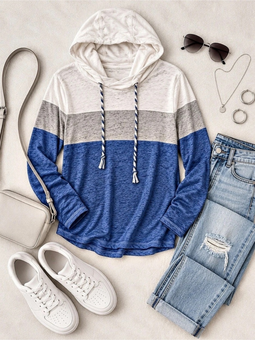 Maurices Blue Gray White Colorblock Lightweight Hoodie Top